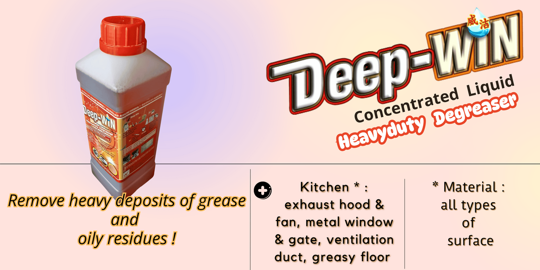 Deep-WIN liquid heavyduty degreaser with before-and-after comparison of exhaust hood and floor tiles showing effective oily residues removal